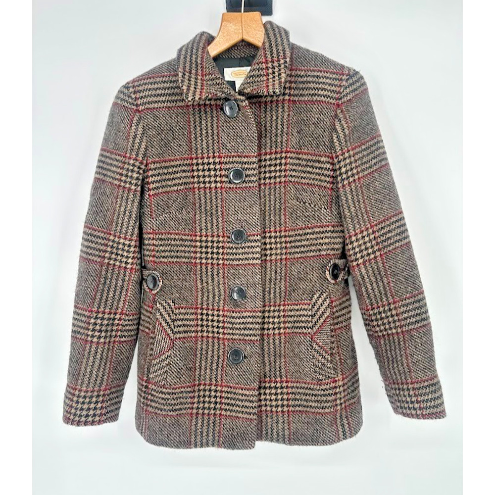 Vintage Talbots Brown‎ Plaid Wool Button Closure Coat Women's Size 8 Preppy Twee